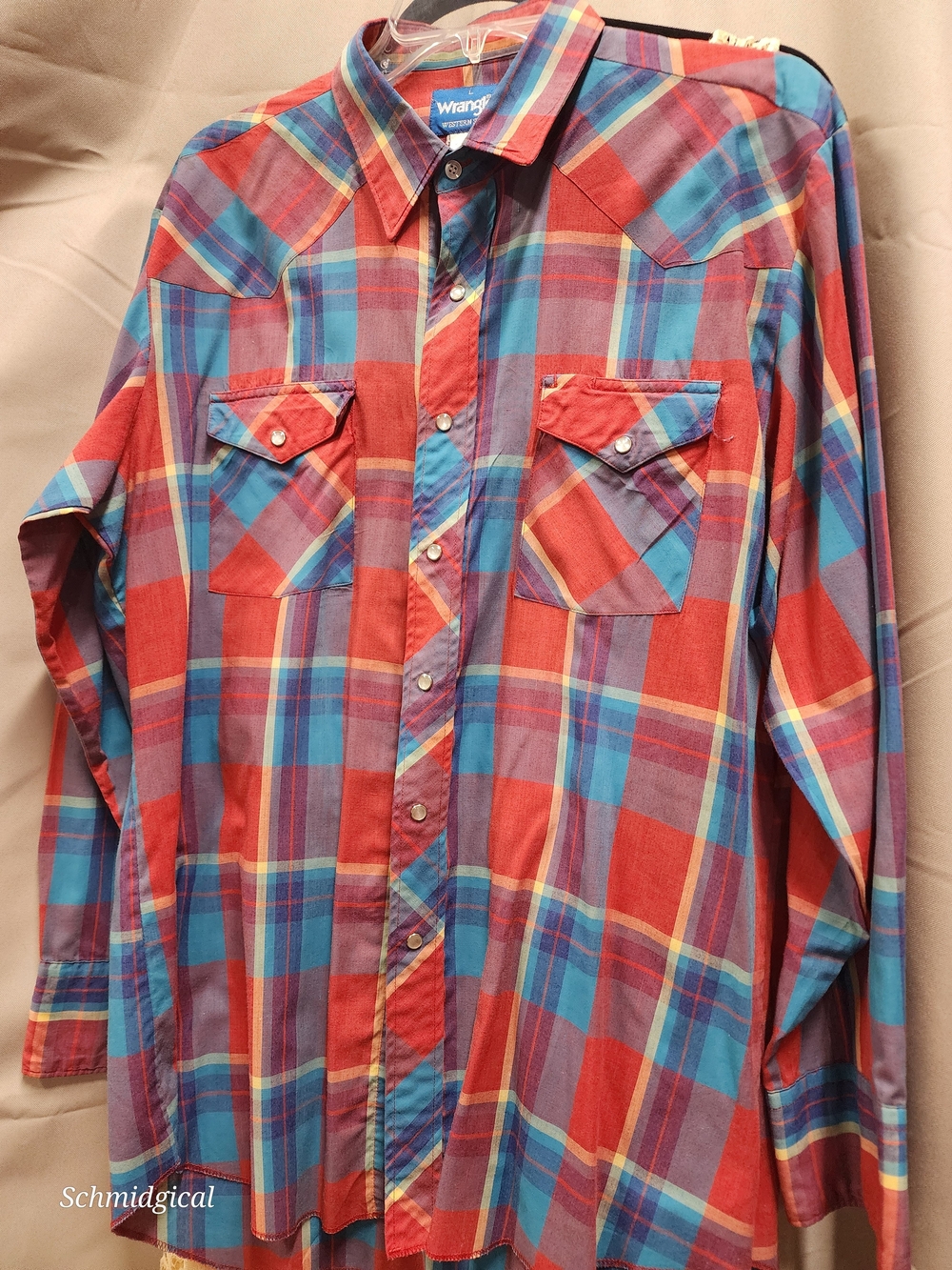 Vintage Wrangler Men’s‎ Red & Blue Plaid Western Shirt Pearl Snaps